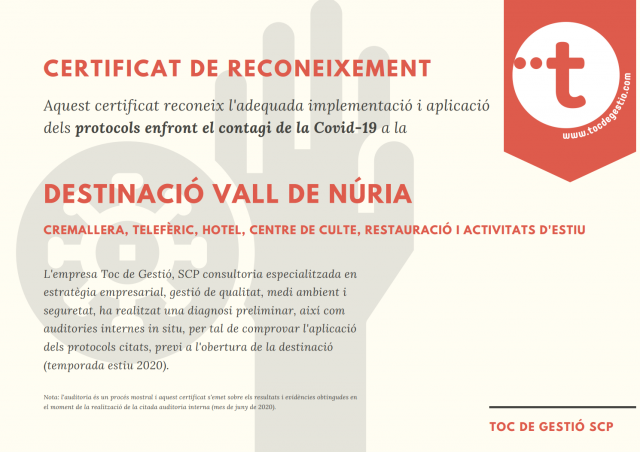 Vall de Núria es certifica per l'adequada implementació i aplicació dels protocols enfront el contagi de la Covid-19
